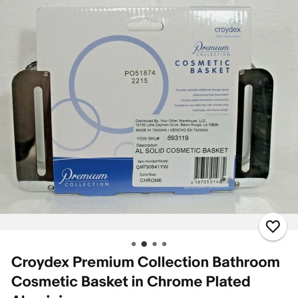 Croydex Chrome Bathroom Cosmetic Basket wall mount no screws included